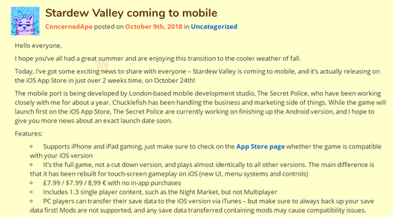 [游戏新闻] 《星露谷物语》将于10月24日登录iOS与安卓平台