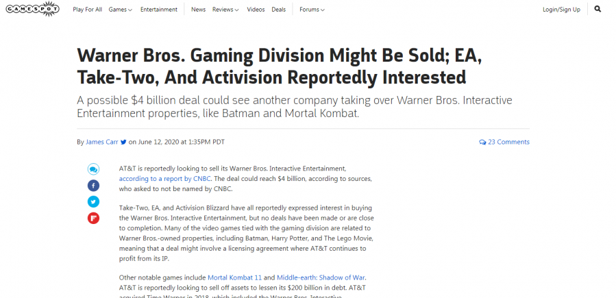 微软等公司有意收购华纳兄弟互动娱乐游戏部门