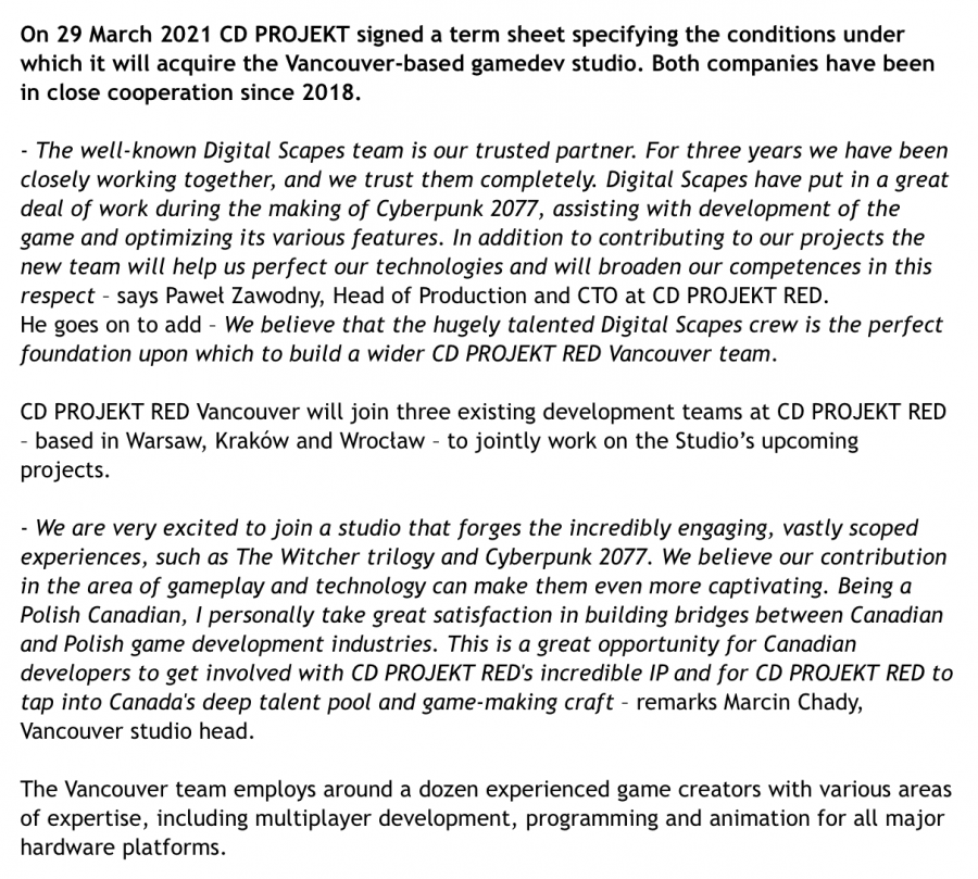 CDPR收购加拿大游戏开发商Digital Scapes
